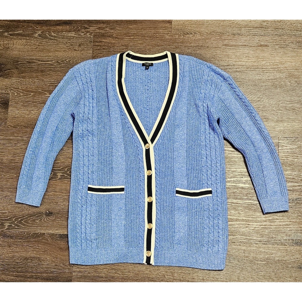 Talbots Iris Blue Cable Knit Tipped Girlfriend Cardigan Sweater Large Petite